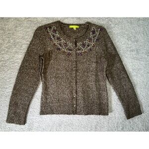 Sigrid Olsen S Embellished Beaded Floral Cardigan Brown Cottagecore Boho Y2K
